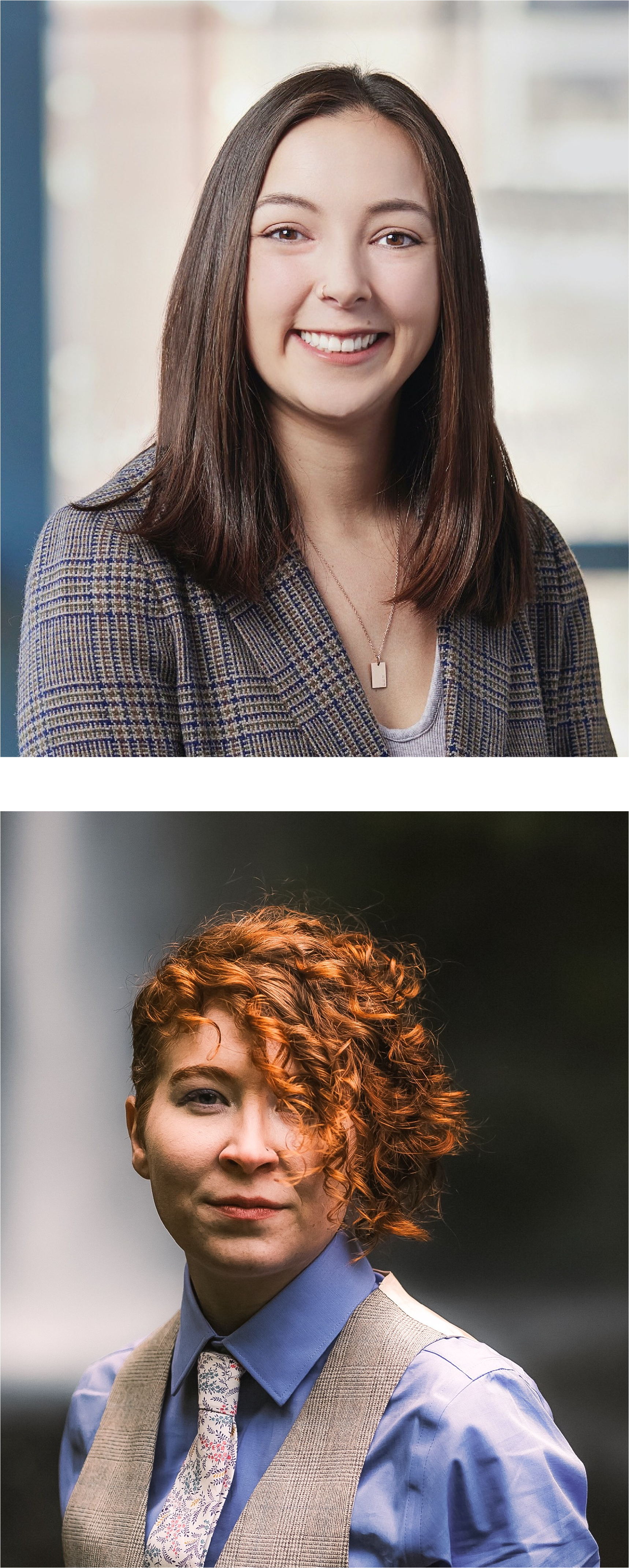 Two headshot style photos. The top image is of a Vietnamese and white biracial individual with long brown hair flowing over her shoulders. She is wearing a suit jacket. The bottom is a red headed individual with curly red hair that is aymmetrically cut to be short on one side and ear length on the other. They are wearing a vest and tie.