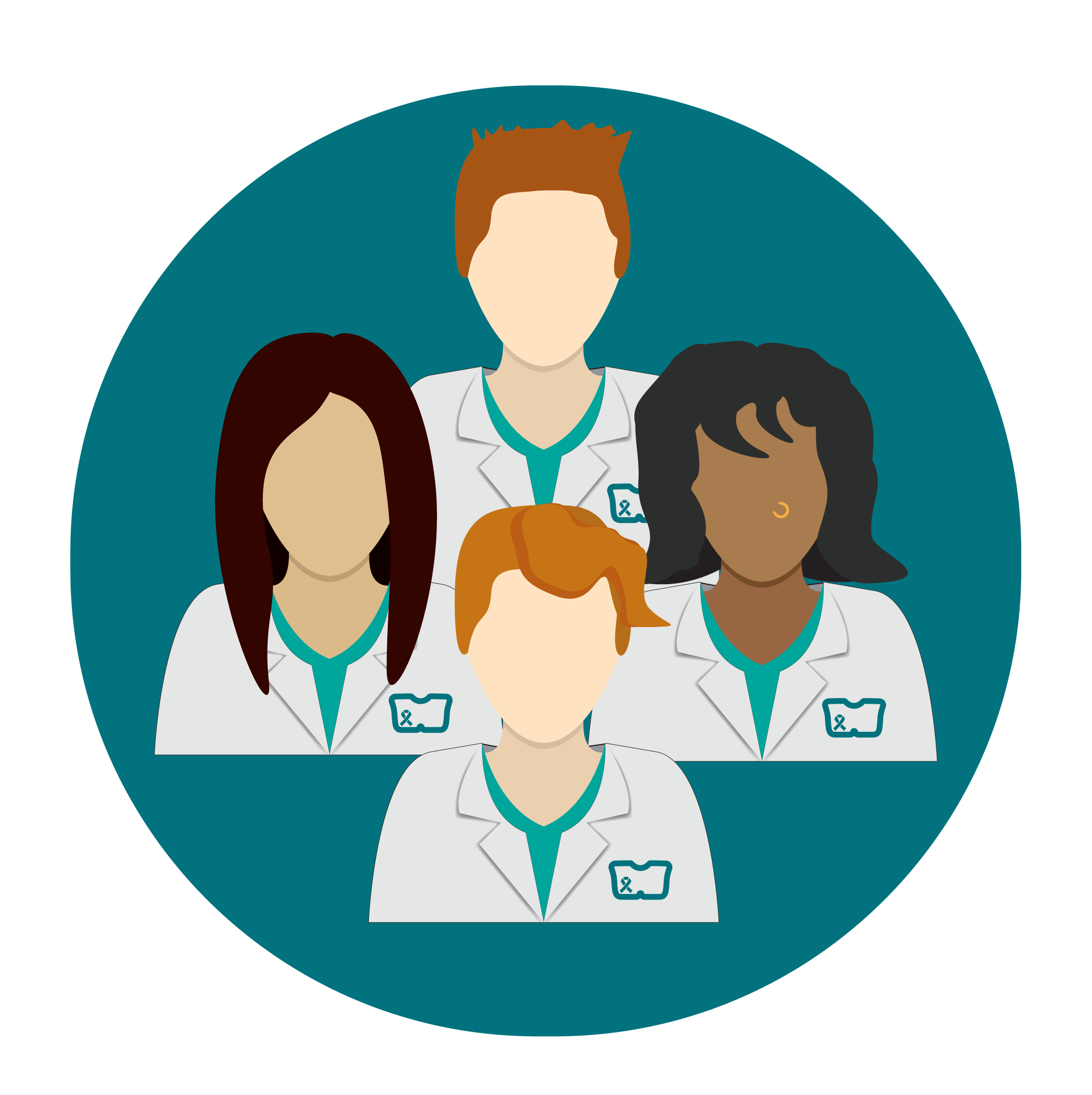 Stylized icons of four people in white coats with the chest care logo; clockwise from left, the left researcher has long brown hair and darker tan skin, the top researcher has pale skin and ginger short hair; the far right researcher has shoulder-length wavy hair and brown skin with a nose ring, and the bottom researcher has pale skin and short wavy ginger hair